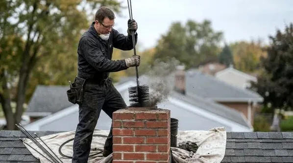 Chimney sweep on a Mooresville roof
