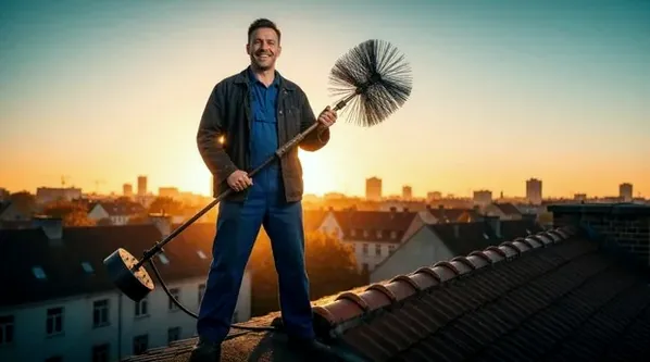 Chimney technician on a rooftop at sunset near Lake Norman