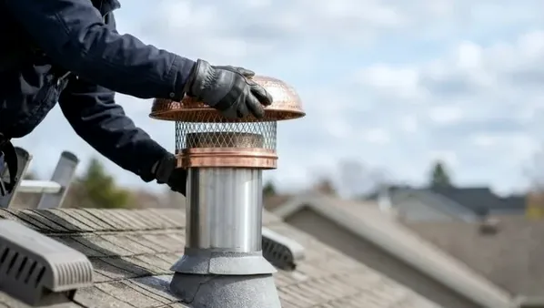 Installing a copper chimney cap on a lakefront home in Mooresville