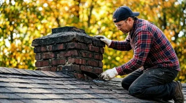Mason inspecting a chimney top damaged by a lightning strike