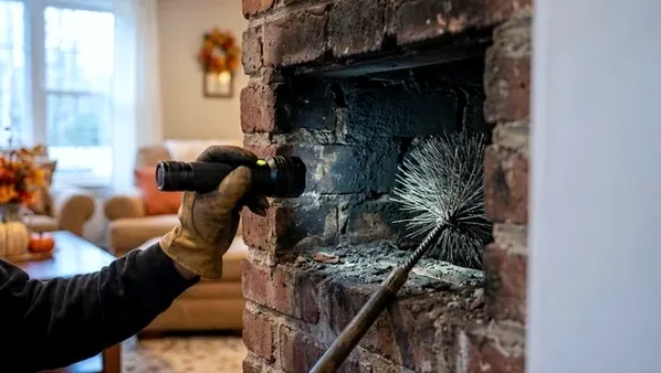 Technician checking a fireplace in a Lake Norman vacation home